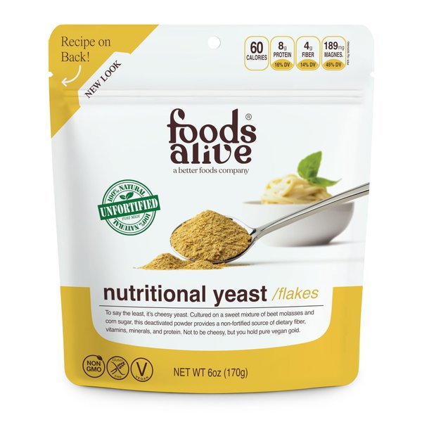 Foods Alive Non-Fortified Premium Nutritional Yeast Flakes, 6 Ounce Unfortified Vegan Cheese Powder Seasoning