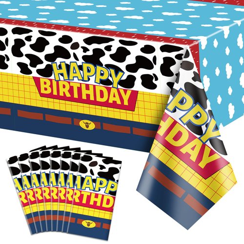 QUERICKY 8 Pack Story Tablecloths, 51x87'' Cow Pattern Table Cover, Story Theme Happy Birthday Decorations for Boy Girl Kids Birthday Party Supplies