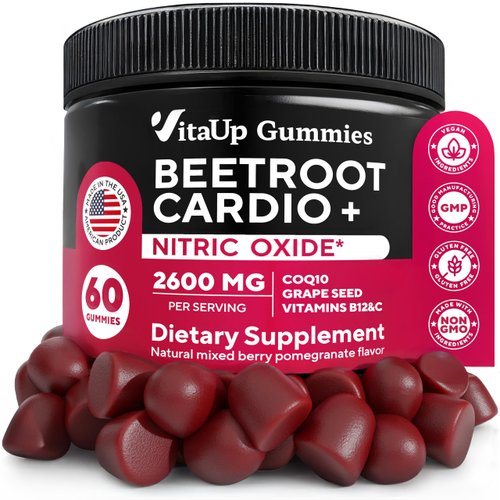 VitaUp Beet Root Gummies - Cardio Beet Gummies 2600mg - Nitric Oxide Gummies with Beet Root, Grape Seed Extract, Coq10, Vitamin C & B12 - Beet Chews for Normal Blood Pressure & Heart Health – 60 Count