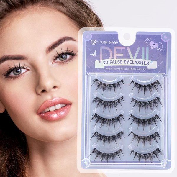 MLEN DIARY False Eyelashes Wispy Long Extension Eyelashes Natural Look Cat Eye 3D Mink Reusable Fake Eyelashes, 5 Pairs Pack