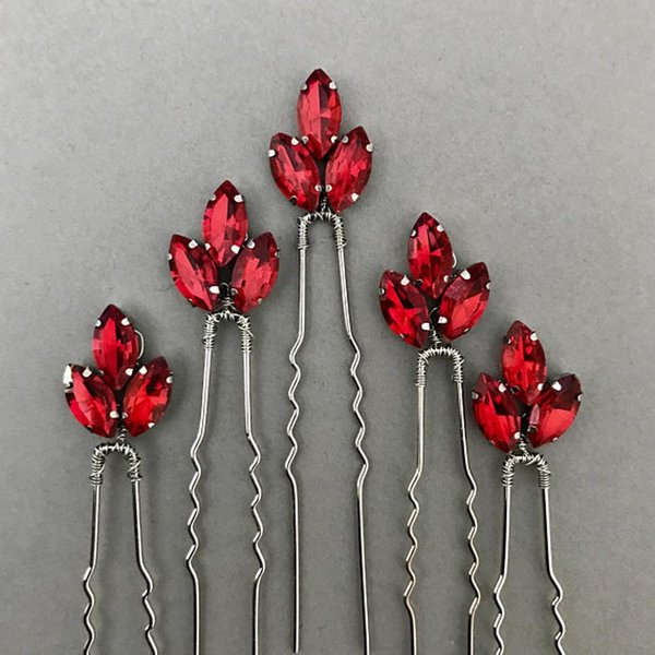 FXmimior Bride Hair Accessories Crystal Hair Pins Clip Bobby Pins Red Rhinestone Bridesmaid Headpiece Customised Wedding pack of 5