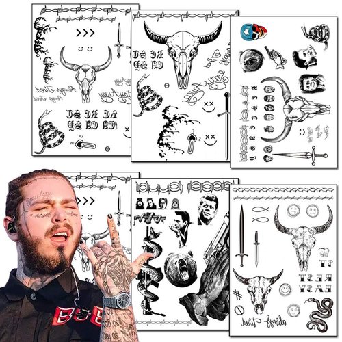 6 Sheets Halloween Temporary Tattoos Stickers Face Tattoos Kit Fake Body Art Tattoo Festival Makeup Halloween Face Tattoos for Women Men Kids Cosplay Halloween Costume Accessories