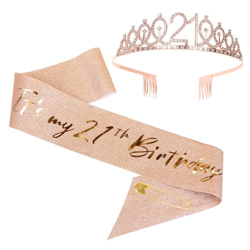 JasperKino 21th Birthday Sash and Tiara Set Rose Gold Birthday Sash Crown Birthday Party Favors S...