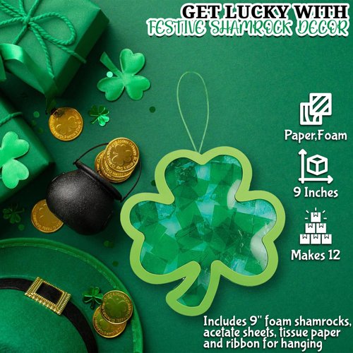 Shamrock Craft Kit - Makes 12, 9 Inch Shamrocks - Tissue Paper and Acetate - Crafts for Kids and Fun Home Activities