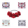4 Pcs Day of The Dead Sugar Skull Face Temporary Tattoo Halloween Makeup Tattoo Stickers for Halloween Masquerade Party with 1 Rose Red Flower Crown Headband