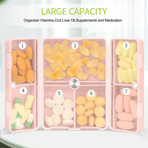 FYY Daily Pill Organizer,2 Pcs 7 Compartments Portable Pill Case Travel Pill Organizer,[Folding Design]Pill Box for Purse Pocket to Hold Vitamins,Cod Liver Oil,Supplements and Medication-Pink+Navy