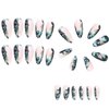 Press on Nails Almond Green Smudge False Nails Designs Medium Long Acrylic Nails Glossy Fake Nails Artificial Glue on Nails for Women 24 Pcs / 12 Size