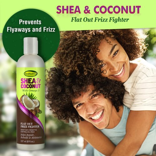 Grohealthy Shea & Coconut Flat Out Fighter Cream for Flyaway & Frizzy Hair - Helps Smooth, Repair, Rebuild, & Moisturize with Omega 3 & Coconut Oil, Sulfate-Free - 8 Ounce, Single