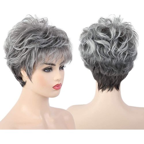 Gray Wig for Women, Elegant Fluffy Gray and White Pixie Cut Wig Natural Appearance Thickened Mixed Curly Hair Wig for Middle-Aged and Older Adults Daily Party Use Great Gift for Mom
