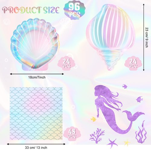 Cunhill 96 Pcs Mermaid Plates and Napkins Party Supplies, 7 Inch 9 Inch Seashell Plates Mermaid Party Plates and Mermaid Napkins for Mermaid Ocean Birthday Party Decoration Favors(Stylish Style)