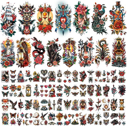 Cerlaza 79 Sheets Classic Temporary Tattoos for Adult Women Men, American Old School Fake Tattoos Sleeve, Realistic Traditional Colorful Flower Animal Half Arm/Tiny Tattoo Stickers