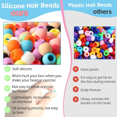 Esmorah Silicone Hair Beads for Kids Girls Braids, 50pcs Soft Colorful Rubber Pony Beads Kit Perfect for Women Hair Accessories (10 color+Small)