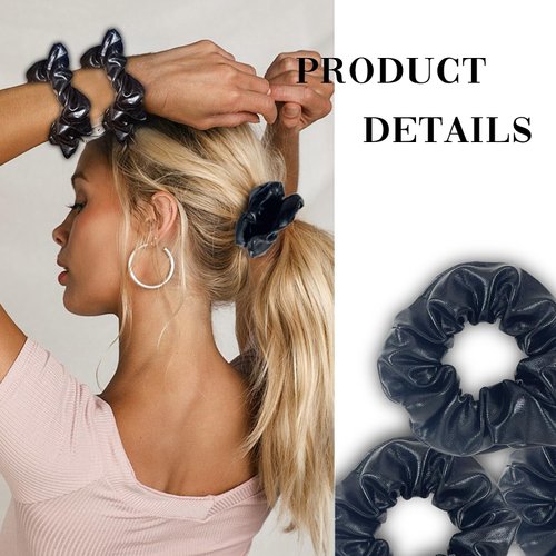 12 Pcs Faux Leather Jacket Cheer Hair Scrunchies For Thick Hair School Performance Scrunchy Sports Ponytail Holder Wrist for Girls Cosplay Show (Black)
