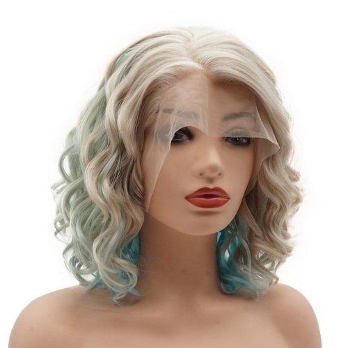 Meiyite Hair Curly Short 13inch Honey Blonde Blue Mix Wig Half Hand Tied Heat Resistant Synthetic Lace Front Wigs