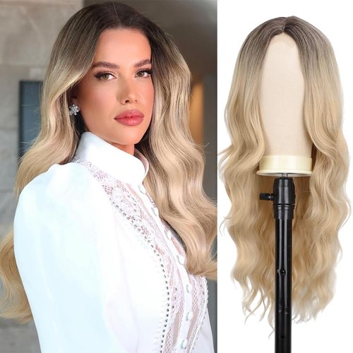 InsQueen Ombre Blonde Wig for Women Long Wavy Synthetic Hair Wigs, Dark Roots Ombre Honey Blonde Wigs Synthetic Heat Resistant Wig for Daily And Party Use(20 Inch)