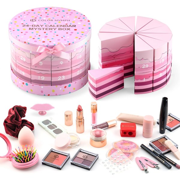 Color Nymph Makeup Advent Calendar 2024, 24 Days Advent Calendar Christmas New Year Birthday Makeup Gift Sets for Beauty Cosmetic Starter Kit For Teens Girlfriend Daughters Surprise Holiday Gift Pink