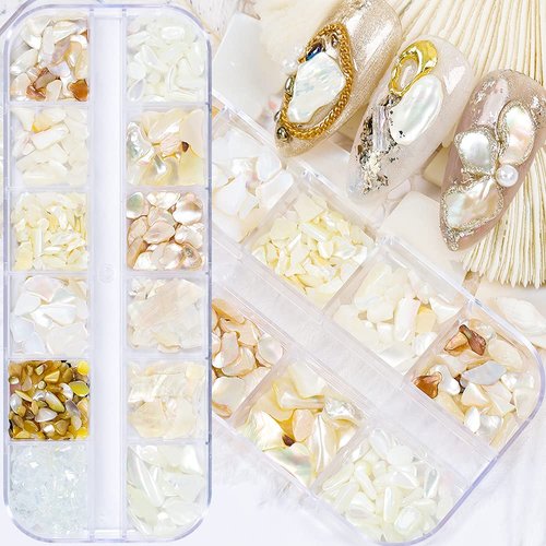 Natural Seashell Slices Nail Art Supplies 12 Colors Irregular Abalone Seashell Slices Small Gravel Design 3D Nail Flakes Seashell Slices Decoration UV Gel DIY Nail