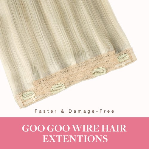 GOO GOO Wire Hair Extensions Human Hair, 17A/60A Ash Blonde mix Platinum Blonde Highlighted 14inch 75g, Invisible Wire Hair Extensions with Transparent, Seamless Fish Line Hairpiece