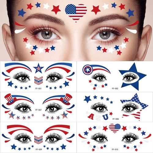EVECILOO 10 Sheets 4th of July Patriotic Face Temporary Tattoo Sticker Eye Decoration Independence Day Red White and Blue Party Supplies American theme Party Favors