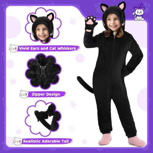 GIFTINBOX Cat Costume For Girls, Cat Noir Costume, Zip-Up Hooded Onesie Black Cat Costume for Kids Dress Up, Role Play Halloween Costumes for Kids Girls 5 6 7 8 9 10 11