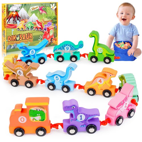 Toddler Dinosaur Toys Age 2-4: IPOURUP Wooden Dinosaurs Train Set Montessori Educational Toy for 1 2 3 4 5 6 Year Old Boys Girls Kids Birthday Gifts 11 PCS Trains Car with Numbers Toddlers Toy