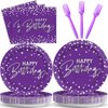 Wiooffen 96PCS Purple Silver Birthday Paper Plates and Napkins Party Supplies Happy Birthday Party Decorations Disposable Birthday Party Tableware Dinnerware Set for Women Men Birthday Serve 24 Guests