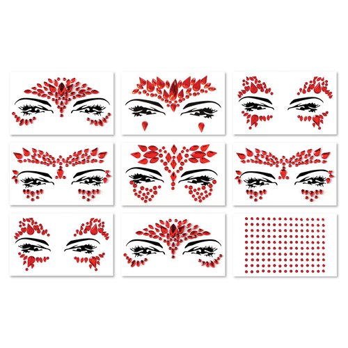 Face Gems, Face Jewels - Self Adhesive- Face Glitter Jewel Tattoo Sticker Festival Gems Rave Party Body MakeUp Rhinestone Gems for Eyes Face Body, face gems for festivals, Halloween (9 PCS RED)