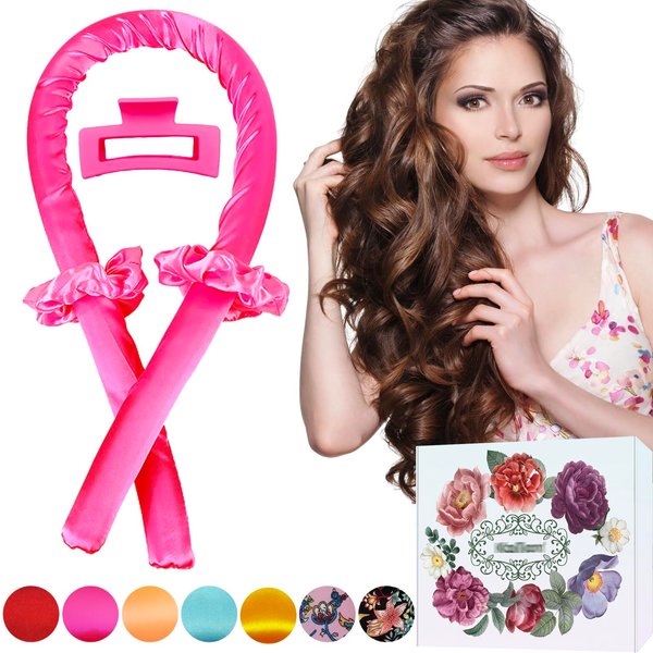 KAITION Hair Rollers, Heatless Night Curls Band for Dreamy Curls, Non Slip Silk Hair Curlers Styling Set for Long Hair (Pink)