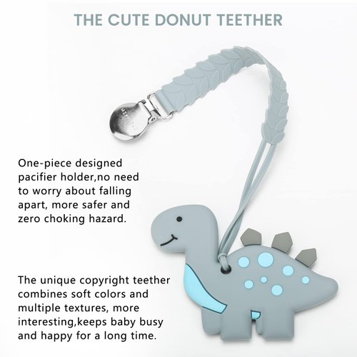 MISSLILI Teething Toys for Babies 0-6 6-12 Months Baby Teethers with Clip Silicone Baby Teether Toys for Boys and Girls Infant Teething Relief for Teething Dinosaur Shape, Gray