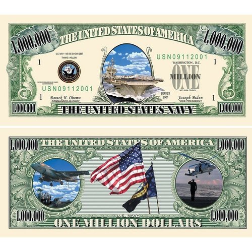 5 US Navy Million Dollar Bills with Bonus “Thanks a Million” Gift Card Set