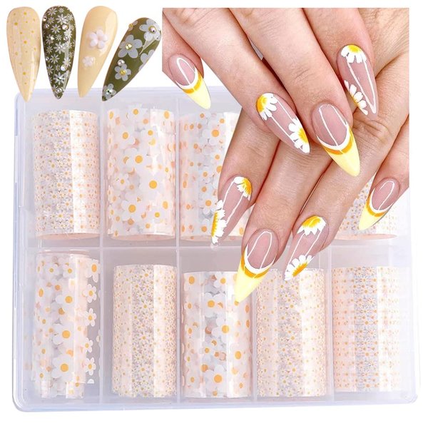 10 Rolls Mix Size White Sun Flower Nail Transfer Foils Nail Art Supplies Set Mini Flower Nail Decals Nail Stickers for Nail Art Designer Spring Summer Floral Theme Nail Foil Transfer Sheets