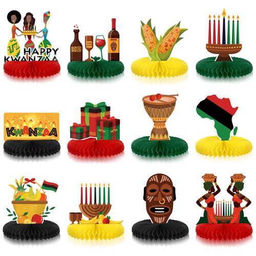 12 Pieces Kwanzaa Decoration Happy Kwanzaa Honeycomb Centerpieces African Holiday Table Decoratio...