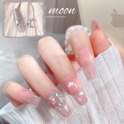 12 Pcs Moon Nail Charms 3D Alloy Gold Silver Moon Little Stars Nail Gems for Acrylic Nails Pink White Crystal Nail Rhinestones Luxury Shiny Moon with Diamonds Nail Jewels for Women Manicure Ornament