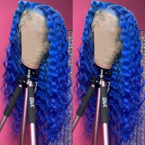 QMSSR Synthetic Lace Front Wigs Blue Long Wavy Lace Front Wigs Pre Plucked Natural Hairline Glueless Heat Resistant Fiber Hair Royal Blue Lace Front Wigs for Fashion Women