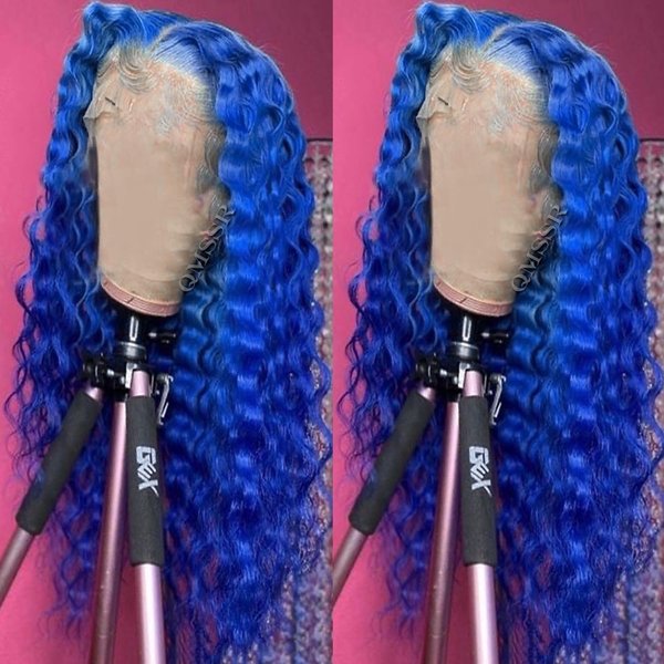 QMSSR Synthetic Lace Front Wigs Blue Long Wavy Lace Front Wigs Pre Plucked Natural Hairline Glueless Heat Resistant Fiber Hair Royal Blue Lace Front Wigs for Fashion Women