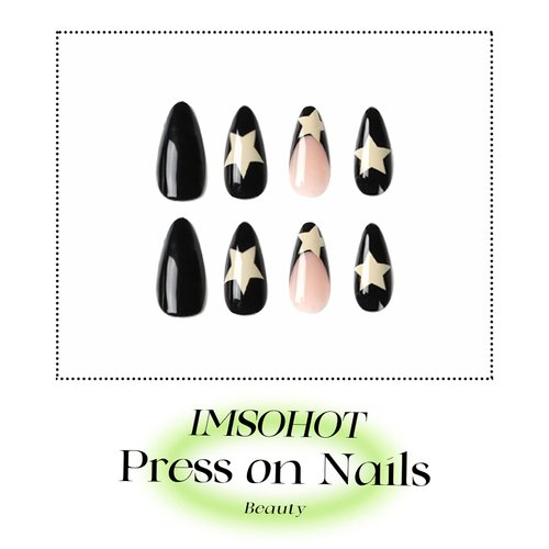 IMSOHOT Long Almond Press on Nails French Black Fake Nails Stiletto Star False Nails with Designs Y2K Glue on Nails Glossy Full Cover Acrylic Nails for Women 24PCS