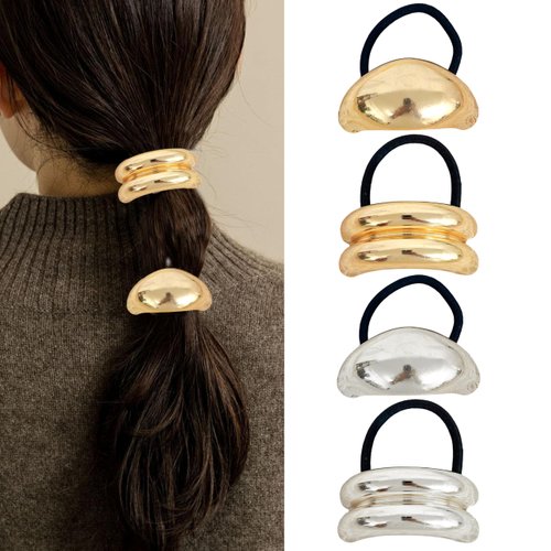Metal Ponytails Hair Cuffs Gold & Silver Metal Hair Ties, Gold Metal Geometric Elastic Hair Ties, Fashion Glossy Arch Ponytail Hair Tie for Women Hair Accessories 4PCS