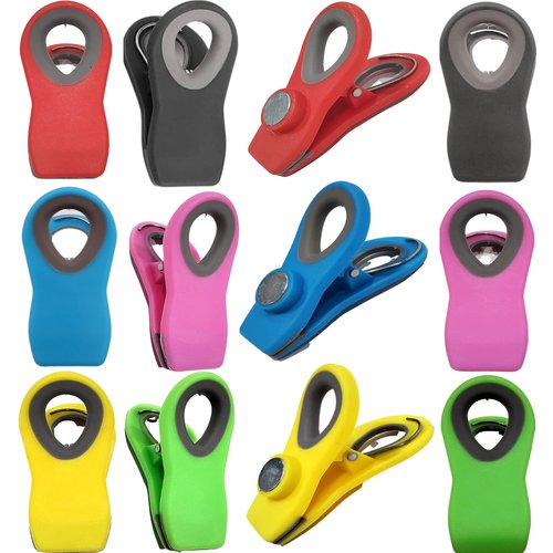 Alnoor USA 12- Pcs of Magnetic Chip Clips |Magnetic Clips for Refrigerator |Chip Clips Magnetic with 6-Colors |Chip Bag Clips for Home and Office| Bag Clips for Chips |Chip Clips Bag Clips Food Clips
