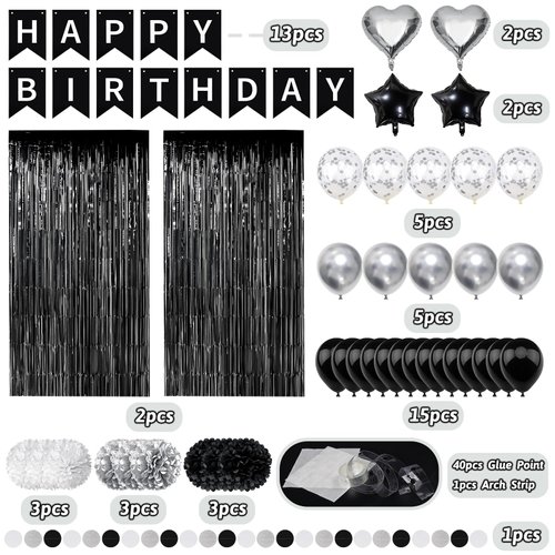 ZERODECO Black White Birthday Party Decorations, Happy Birthday Banner Pompoms White Black Balloon Arch Fringe Curtain Party Décor for Men Women Black and White Birthday Party