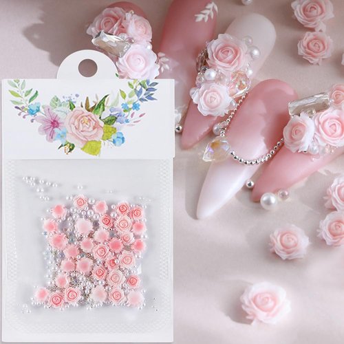 3D Flower Nail Charms Pink Rose Nail Charm Rose Flowers Nail Art Charms Pearls Steel Beads Flower Charms for Nails Design Floral Resin Charms for Nails Resin Accessories Nail Decorations for Nail Art