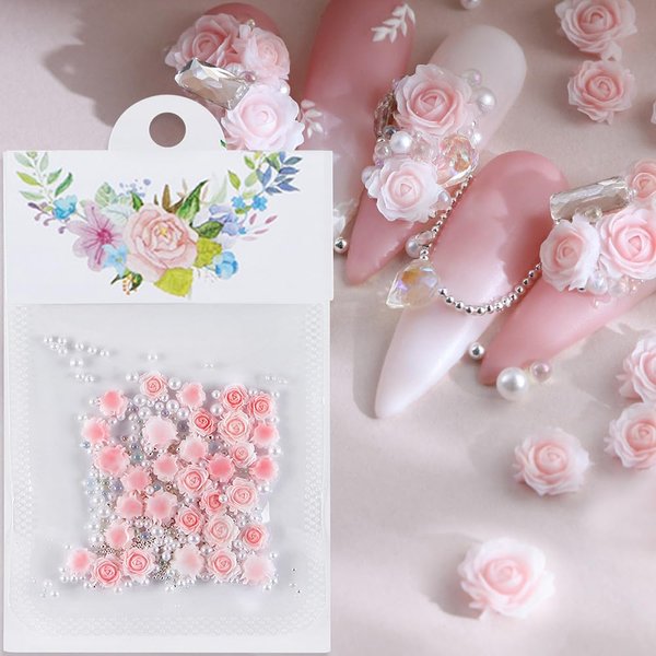 3D Flower Nail Charms Pink Rose Nail Charm Rose Flowers Nail Art Charms Pearls Steel Beads Flower Charms for Nails Design Floral Resin Charms for Nails Resin Accessories Nail Decorations for Nail Art