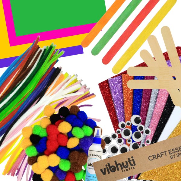 IEIDidactics Craft 5-in-1 Bundle: Pipe Cleaner Craft Kit with Pom Pom, Googly Eyes, Craft Glue, A5 Cardstock (Multicolor) - Art Supplies for Boys & Girls by Vibhuti Crafts