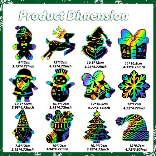 RICEDUO 48 Pcs Christmas Scratch Crafts Art for Kids, Rainbow Christmas Scratch Paper Art with Wooden Sticks, Christmas Ornaments for Kids Party Favors Supplies