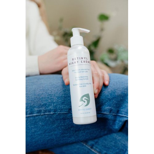 White Egret Retinyl Night Creme with 72 Ionic Sea Minerals for Nourishing, Hydrating, and Replenishing Skin, 8 fl. oz