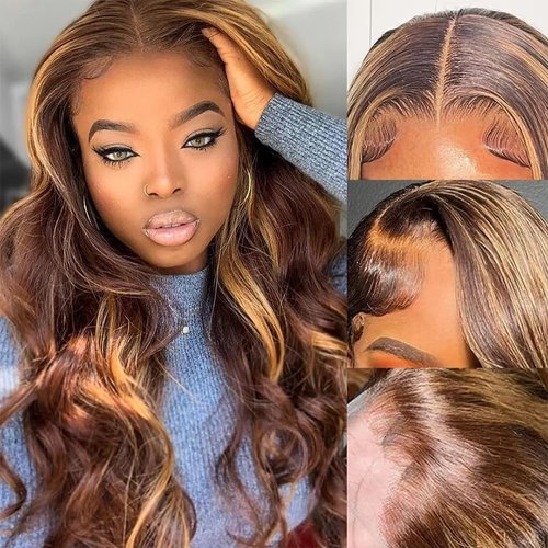 LANHEUNI Honey Blonde Lace Front Wig Human Hair 13x6 Transparent 4/27 Highlight Ombre Lace Front Wigs Human Hair Pre Plucked 180% Density Body Wave Highlight Lace Frontal Wigs for Women 22 Inch