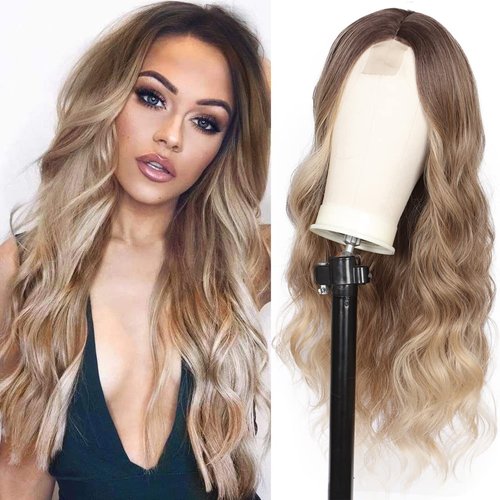 Kalyss 28&quot; Synthetic Edge Lace Front Wigs for Woman Long Ombre Ash Blonde Curly Wavy Middle Parte...