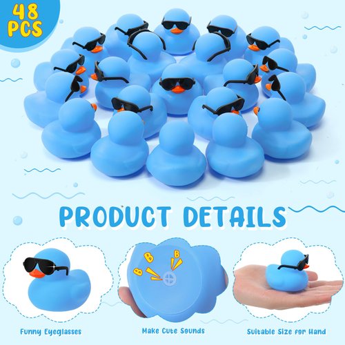 Sosation 48 Pack Mini Rubber Ducks with Sunglasses Sets Duck Bath Toys Squeaky Rubber Ducks Float Bathtub Duckies for Little One Birthday Party Favors Class Carnival Prizes Car Decor(Blue)