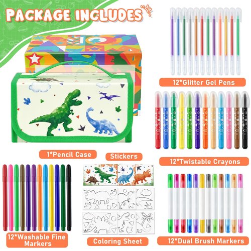 WERNNSAI Dinosaur Marker Set with Pencil Case - 56 PCS Scented Markers for Kids Boys Birthday Christmas Gift Painting Coloring Markers Pens Set Art and Craft Set with Stickers and Coloring Papers