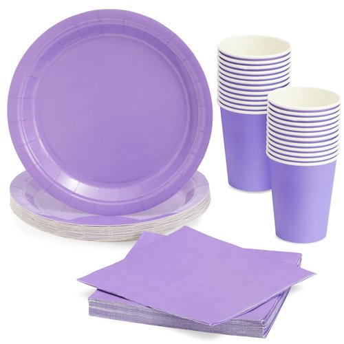 Juvale 72 Pieces of Purple Party Supplies with Paper Plates, Cups, and Napkins for Birthday Decorations (Serves 24)