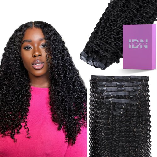 IDN BEAUTY Seamless Clip In Hair Extensions Human Hair, Kinky Curly 16 Inch 110g 7pcs Natural Black Seamless Curly Clip Ins Remy Human Hair Seamless Clip Ins For Black Women PU Weft Invisible Edge